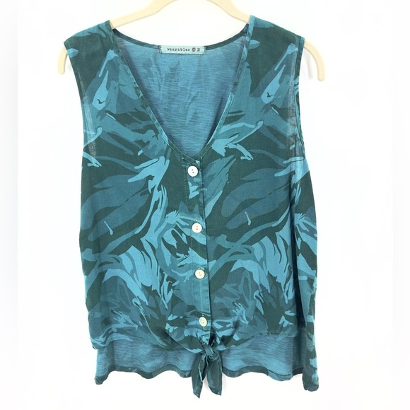 XCVI Wearables Minerva Tank Top Womens Size M Linen Blend Teal Blue Tie Button - Picture 2 of 11